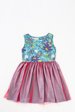 Floral Blue with Pink Tulle Skirt